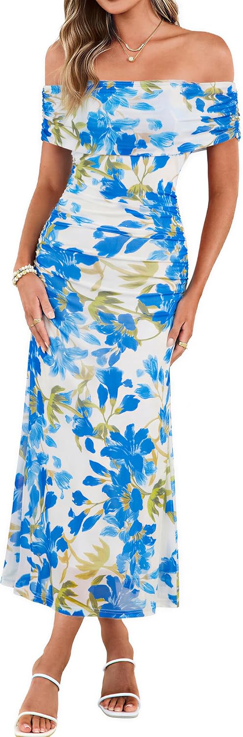 Simplee Womens Off Shoulder Maxi Dress Summer Floral Wedding Guest Dresses | Mesh Ruched Bodycon, Semi Formal Dress 2026, Strapless Spring Pastel Elegant, Cocktail Party Prom, Bridal Shower, Beach