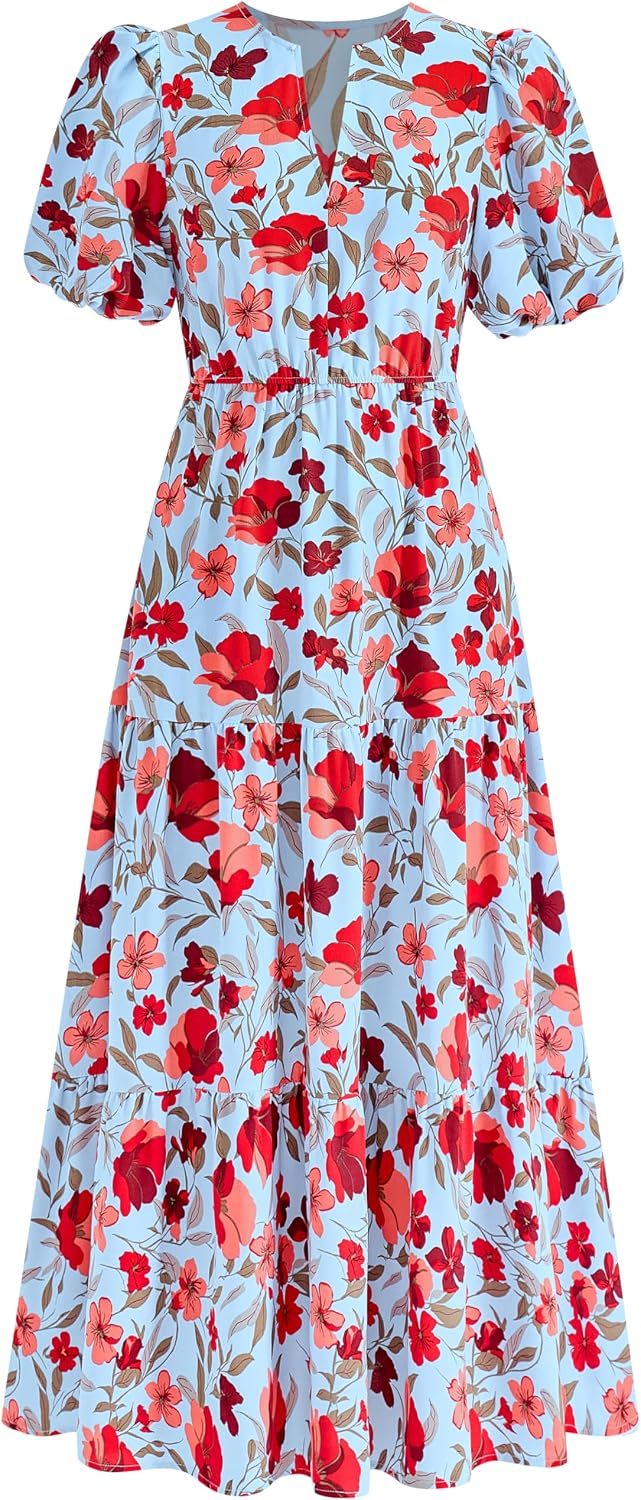 dowerme Women Summer Puff Short Sleeve Floral Boho Tiered Ruffle Maxi Dress | Casual V Neck Wedding Guest Dresses 2026,Fall Fashion A-Line Long Sundress with Pockets,Spring Flowy Beach Vacation Clothes