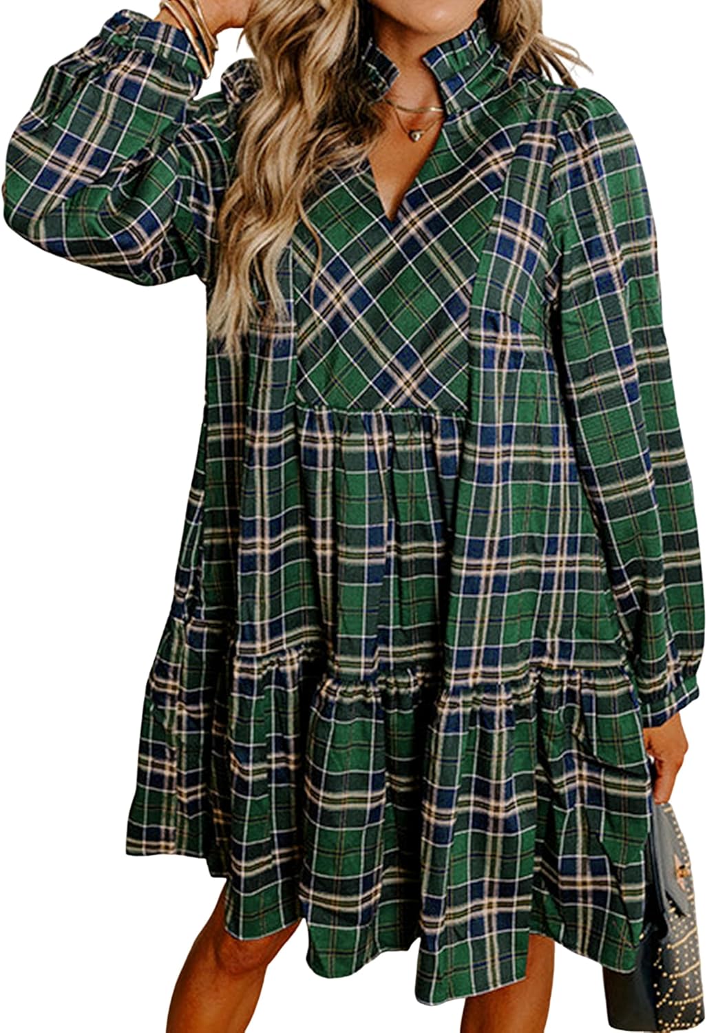 SELINK Womens Long Sleeve Dresses Casual V Neck Tribal Mini Beach Dress | flowy summer dress, front button, bell sleeve, boho, tiered, loose fit for vacation daily outfits