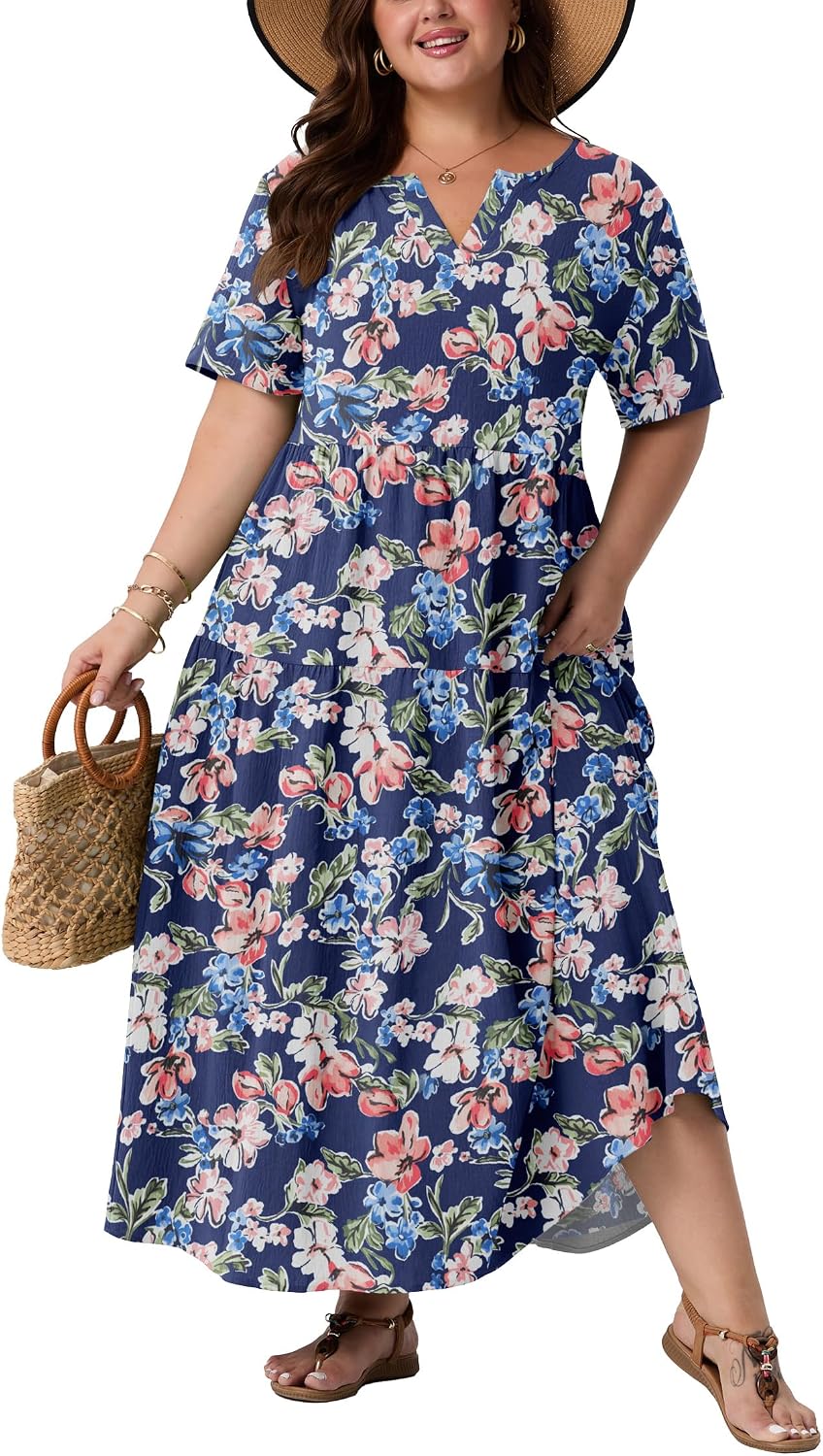 OLRIK Plus Size Maxi Dresses for Curvy Women - Flowy Boho Summer Dress with Pockets, V-Neck Short Sleeve for Beach Vacation