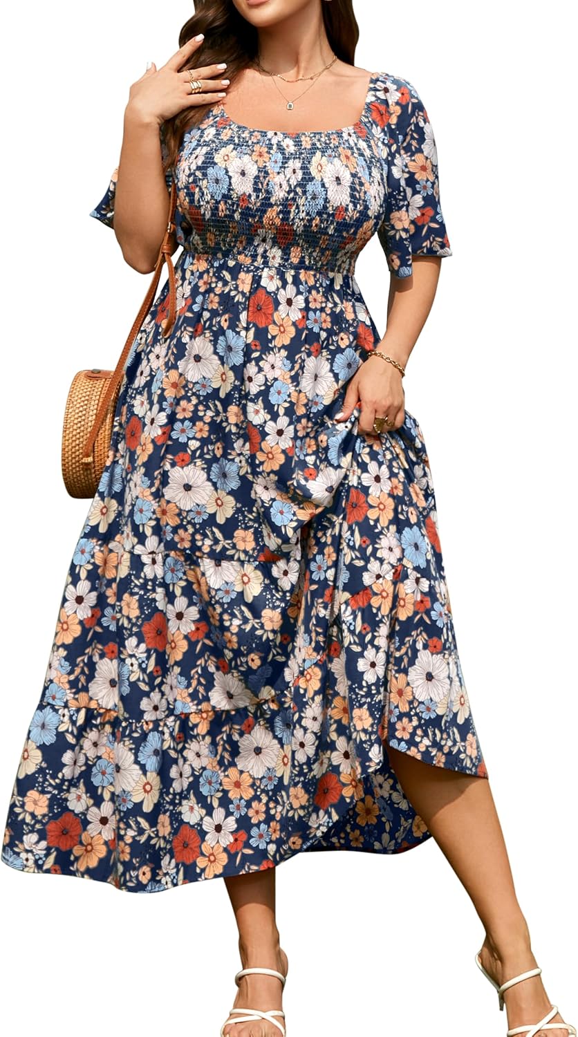 RWJ Women's Plus Size Summer Dresses Short Sleeve Smocked Boho Maxi Dress | Beach Dresses for Women 2026 Vacation, Bohemian Floral Square Neck Empire Waist, Wedding Guest Baby Shower Casual Sundress