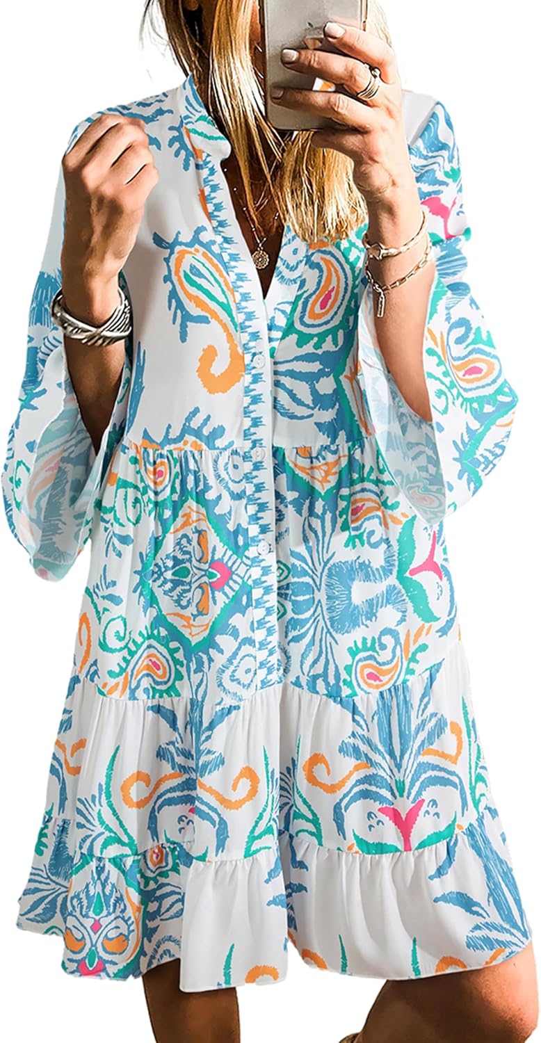 SELINK Womens Long Sleeve Dresses Casual V Neck Tribal Mini Beach Dress | flowy summer dress, front button, bell sleeve, boho, tiered, loose fit for vacation daily outfits