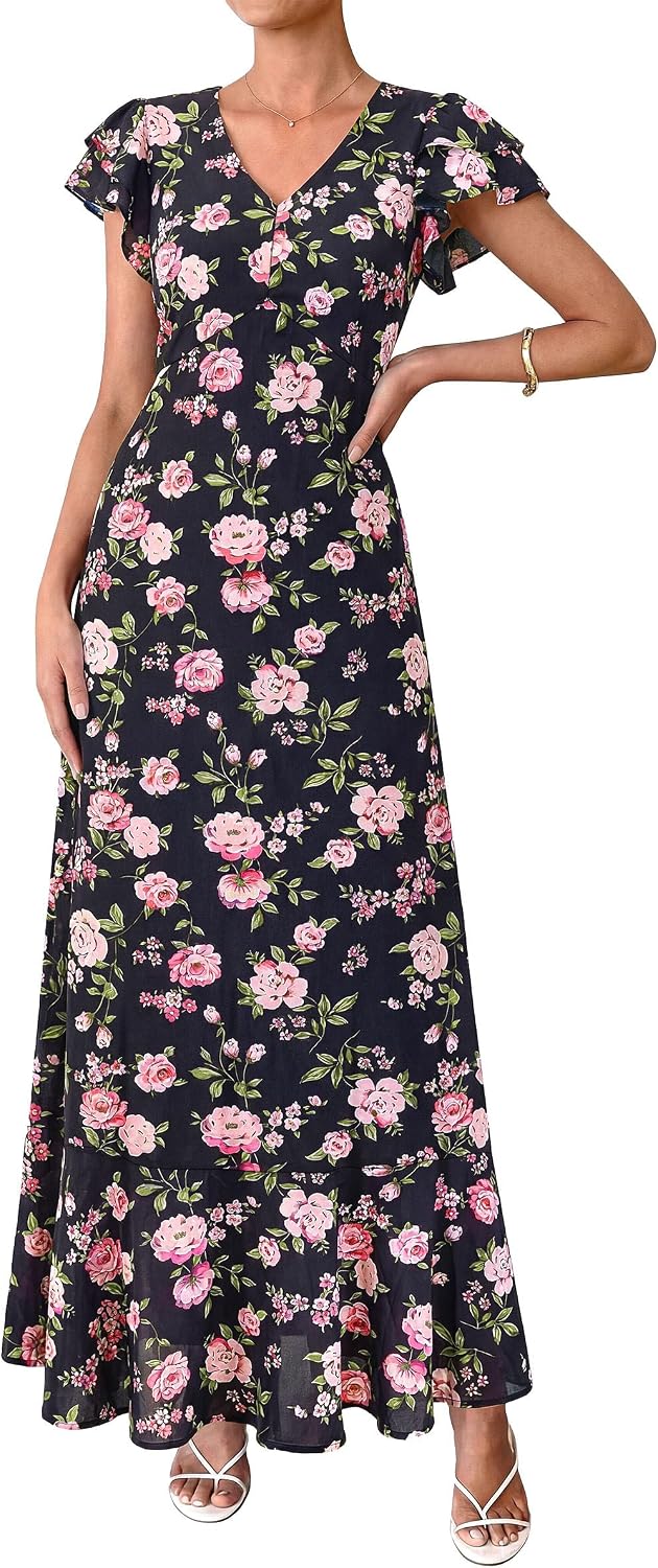 PRETTYGARDEN Womens Summer Boho Floral Maxi Dress | V Neck Ruffle Sleeve Tiered A-Line Sundress, Lightweight Flowy Long Dresses for Spring Wedding Guest, Cocktail Party, Cruise