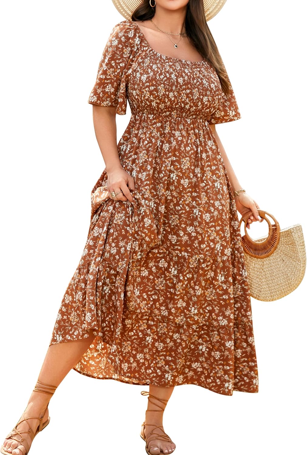 RWJ Women's Plus Size Summer Dresses Short Sleeve Smocked Boho Maxi Dress | Beach Dresses for Women 2026 Vacation, Bohemian Floral Square Neck Empire Waist, Wedding Guest Baby Shower Casual Sundress