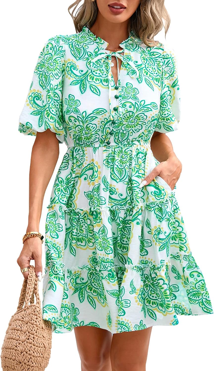 BTFBM Women Summer Floral Short Dresses V Neck Short Sleeve Tiered Ruffle Boho Swing Dress A-Line Mini Dresses