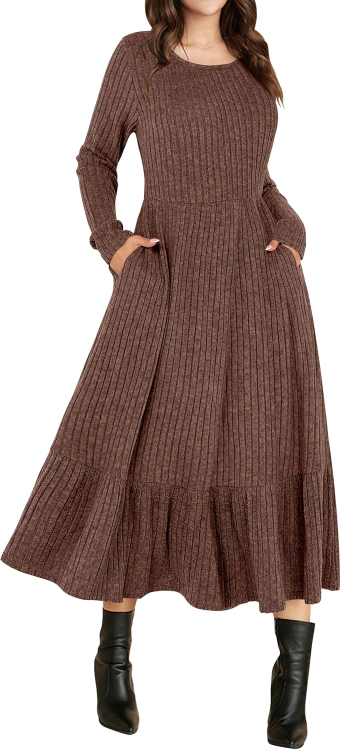 ANRABESS Womens Fall Long Sleeve Midi Dress | Crewneck Swing Flowy A Line Dresses, Soft Comfy Rib Knit, Casual Everyday Date Nights Wear, Minimal Elegant, Winter Layering