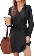 BerryGo Women's Fall Denim Dress Casual Long Sleeve V Neck Jean Dress | Long Sleeve Denim Dress, Chambray Dress, V Neck A Line Dress, Smocked Empire Waist, Mini Dress, Ruffle Cuffs, Pockets