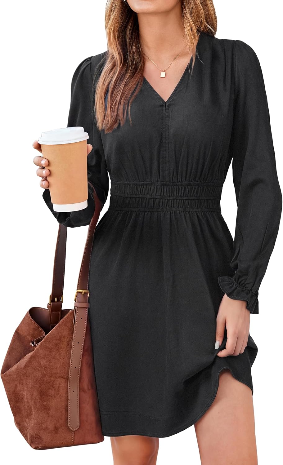 BerryGo Women's Fall Denim Dress Casual Long Sleeve V Neck Jean Dress | Long Sleeve Denim Dress, Chambray Dress, V Neck A Line Dress, Smocked Empire Waist, Mini Dress, Ruffle Cuffs, Pockets