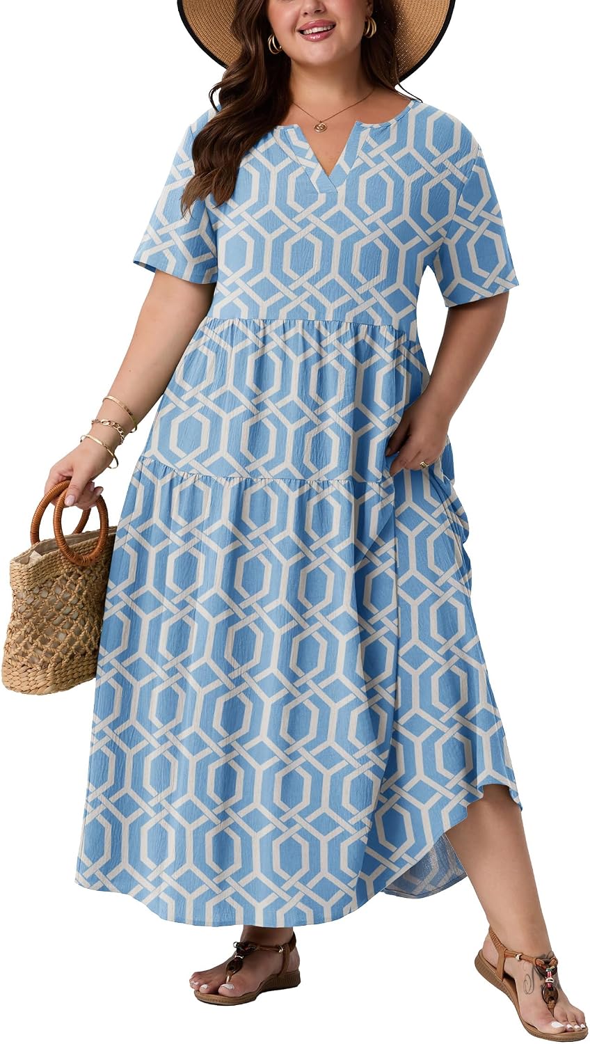 OLRIK Plus Size Maxi Dresses for Curvy Women - Flowy Boho Summer Dress with Pockets, V-Neck Short Sleeve for Beach Vacation