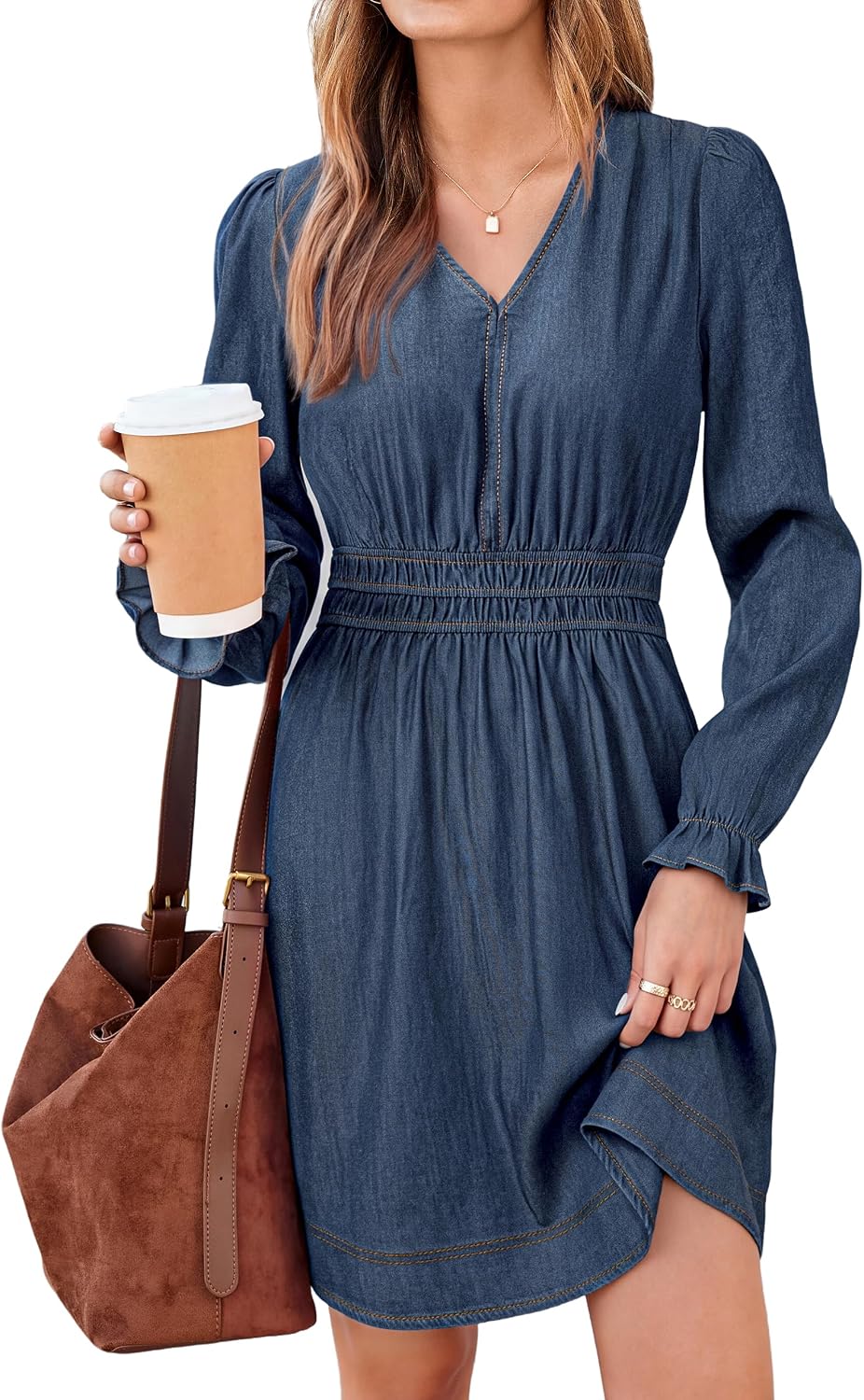 BerryGo Women's Fall Denim Dress Casual Long Sleeve V Neck Jean Dress | Long Sleeve Denim Dress, Chambray Dress, V Neck A Line Dress, Smocked Empire Waist, Mini Dress, Ruffle Cuffs, Pockets