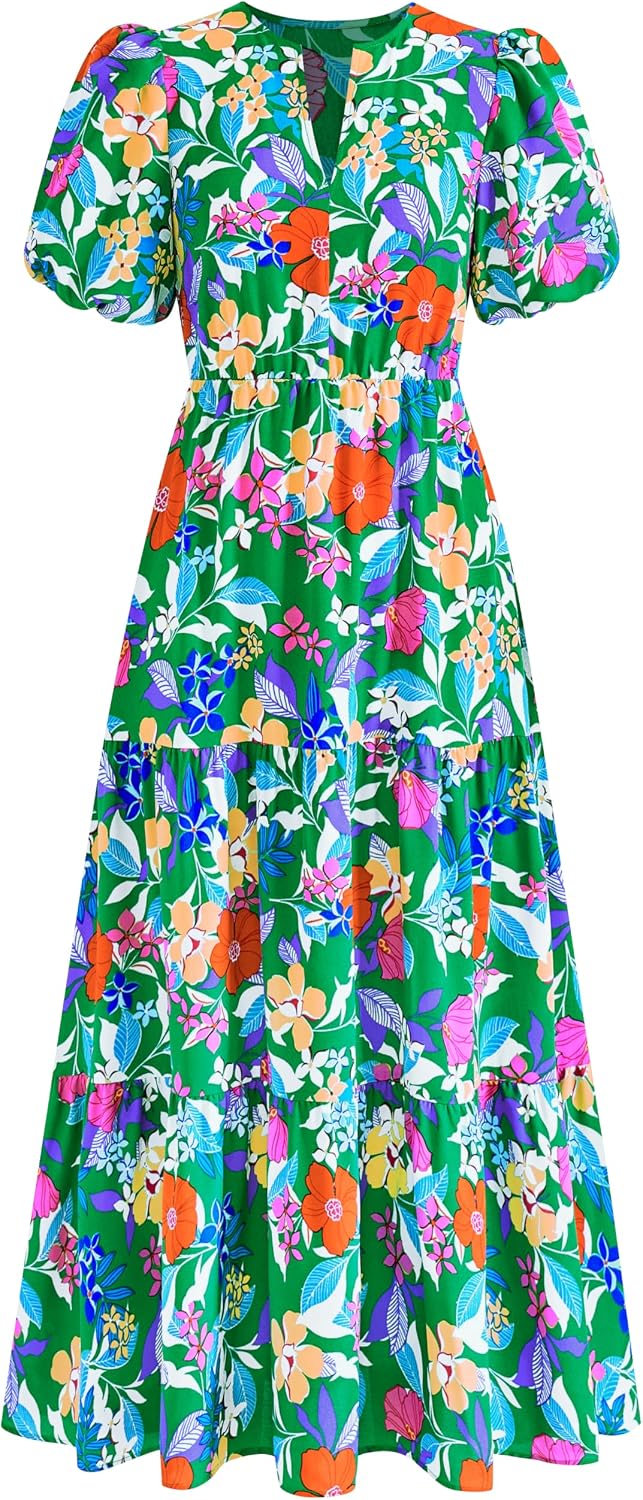 dowerme Women Summer Puff Short Sleeve Floral Boho Tiered Ruffle Maxi Dress | Casual V Neck Wedding Guest Dresses 2026,Fall Fashion A-Line Long Sundress with Pockets,Spring Flowy Beach Vacation Clothes