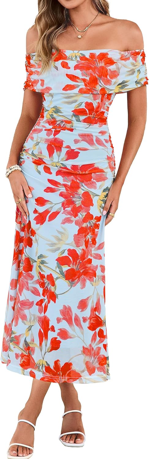 Simplee Womens Off Shoulder Maxi Dress Summer Floral Wedding Guest Dresses | Mesh Ruched Bodycon, Semi Formal Dress 2026, Strapless Spring Pastel Elegant, Cocktail Party Prom, Bridal Shower, Beach
