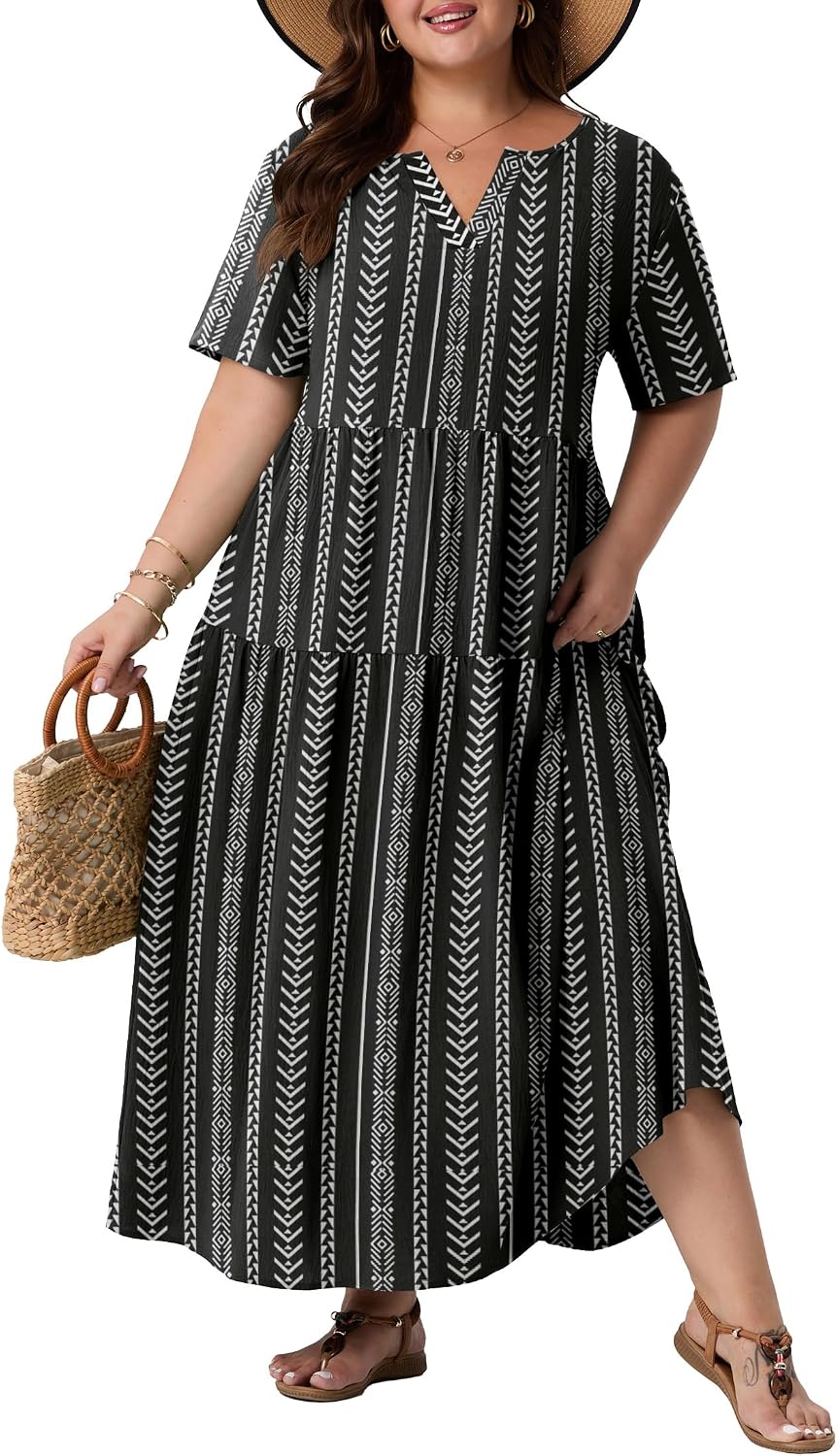 OLRIK Plus Size Maxi Dresses for Curvy Women - Flowy Boho Summer Dress with Pockets, V-Neck Short Sleeve for Beach Vacation