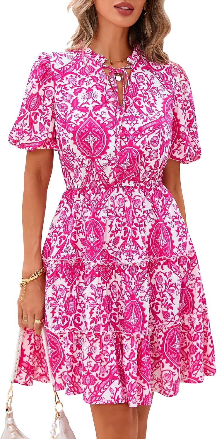 BTFBM Women Summer Floral Short Dresses V Neck Short Sleeve Tiered Ruffle Boho Swing Dress A-Line Mini Dresses