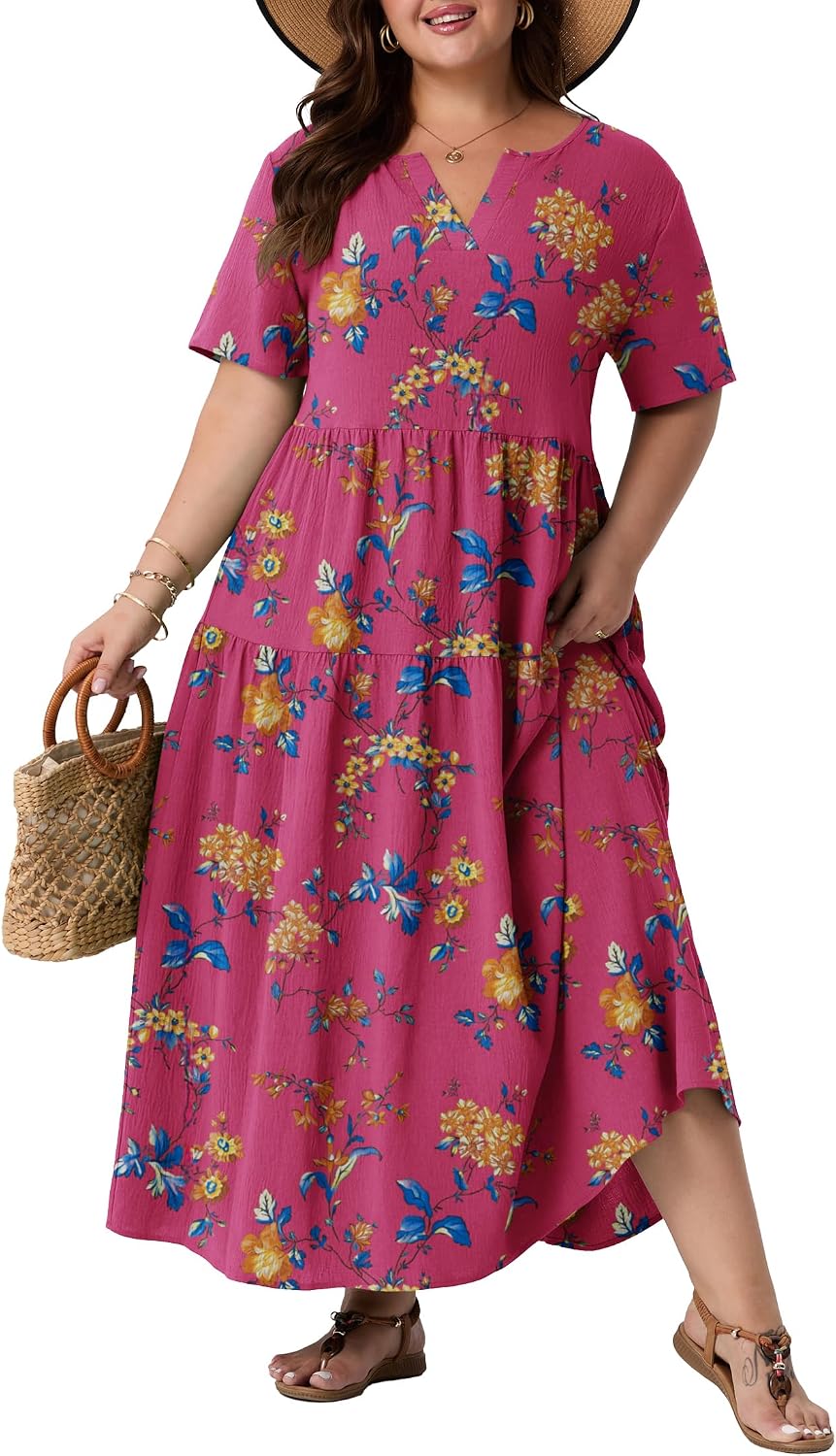 OLRIK Plus Size Maxi Dresses for Curvy Women - Flowy Boho Summer Dress with Pockets, V-Neck Short Sleeve for Beach Vacation