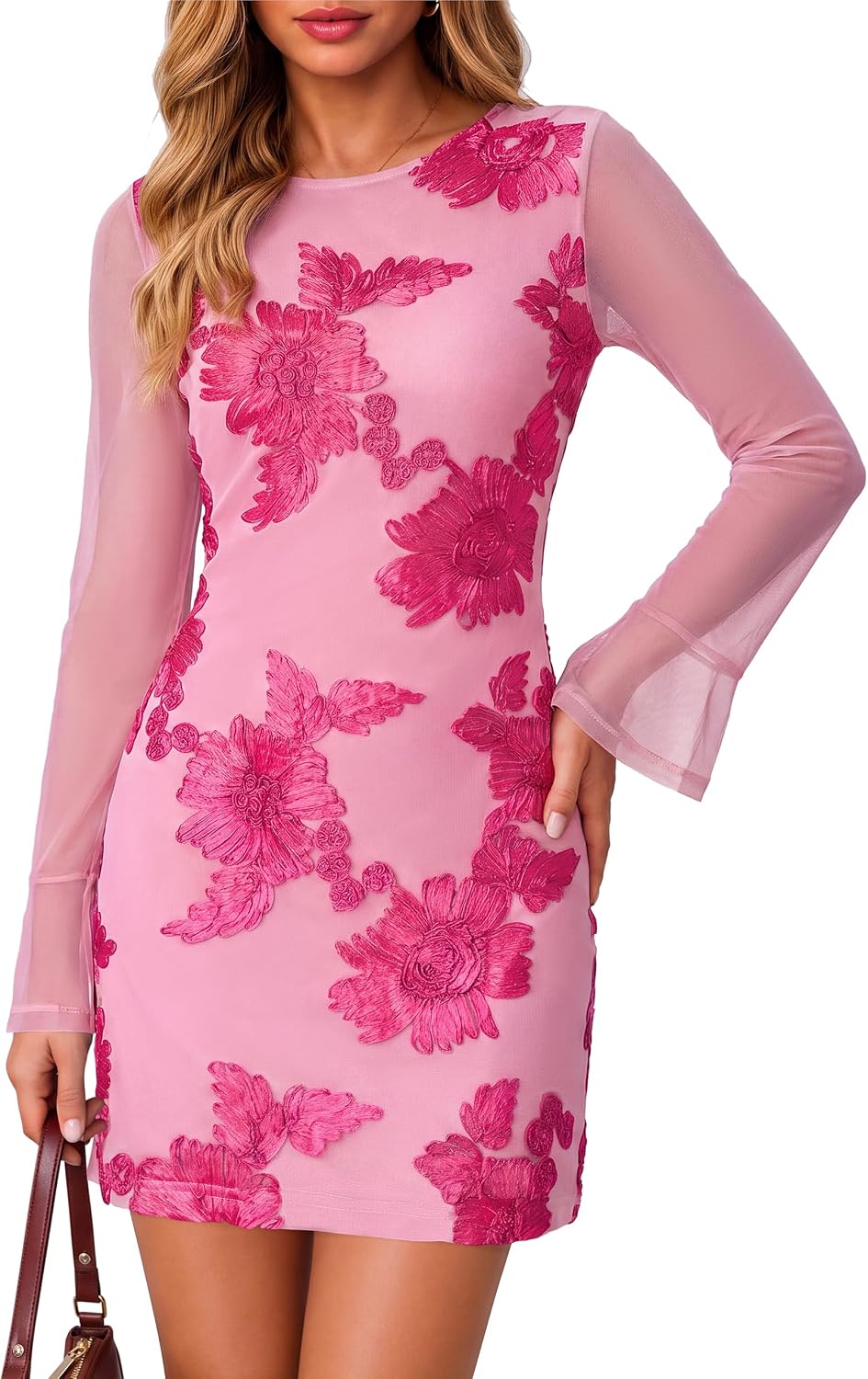 Simplee Womens Mini Fall Wedding Guest Dresses Mesh Bodycon Floral Dress | Crew Neck, Flare Long Sleeve, Semi Formal Cocktail Party Dress 2026, Short Baby Bridal Shower, Winter Evening Gowns Outfits