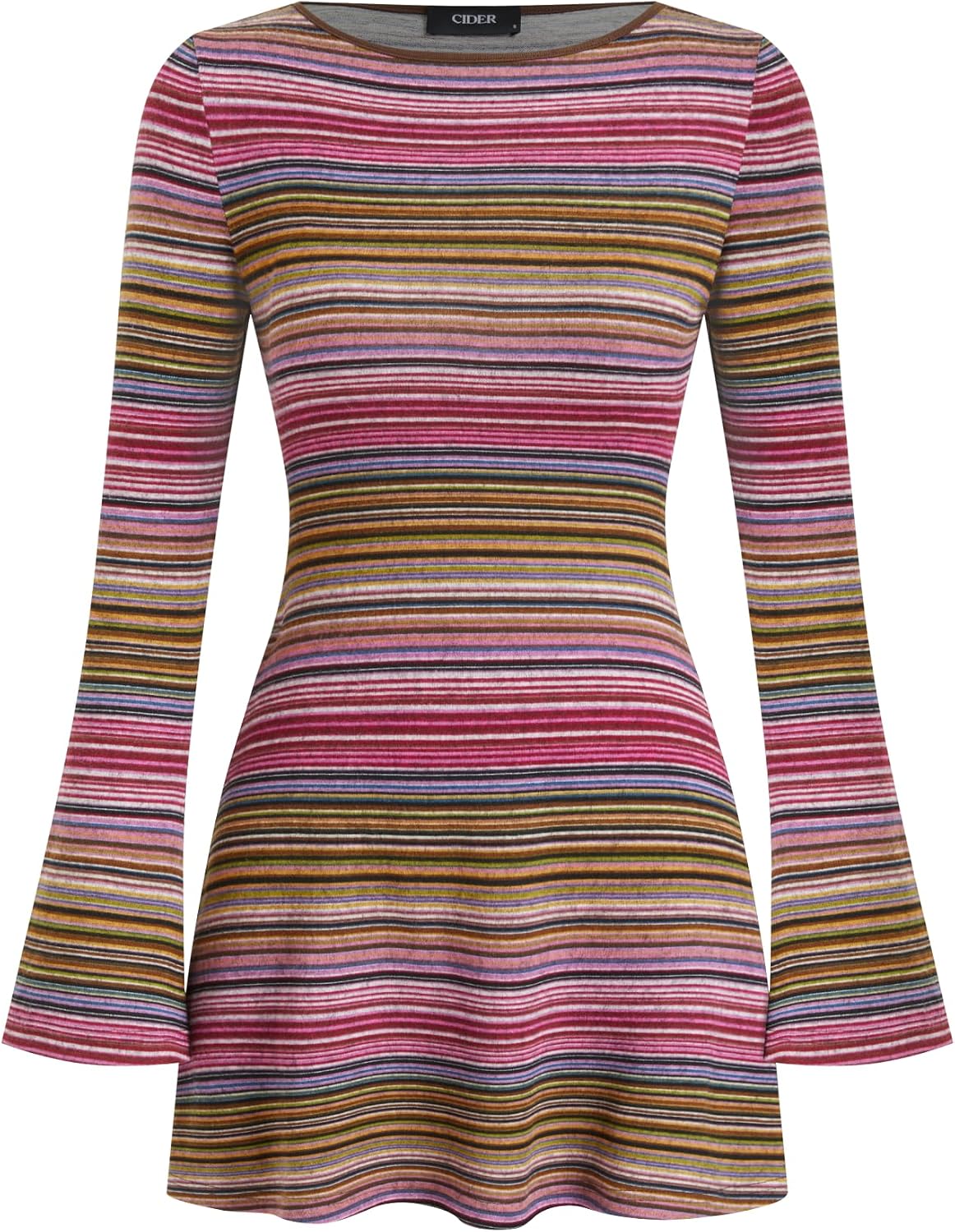 CIDER Women's Striped Jersey Boat Neck Bell Sleeve Flared Mini Dress | Fall Stretch Knit Everyday Apparel