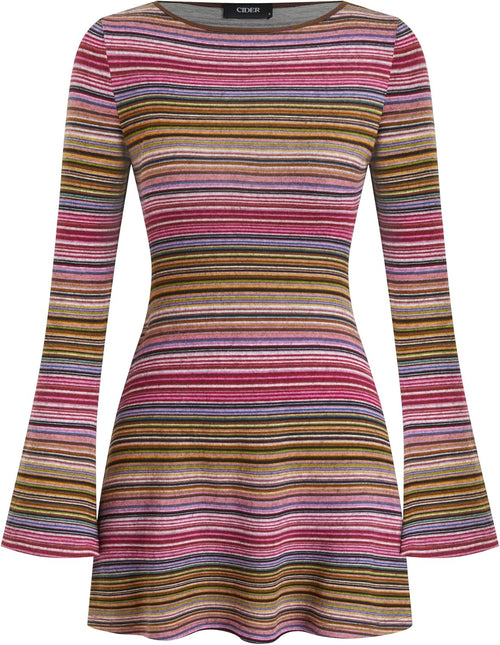 CIDER Women's Striped Jersey Boat Neck Bell Sleeve Flared Mini Dress | Fall Stretch Knit Everyday Apparel