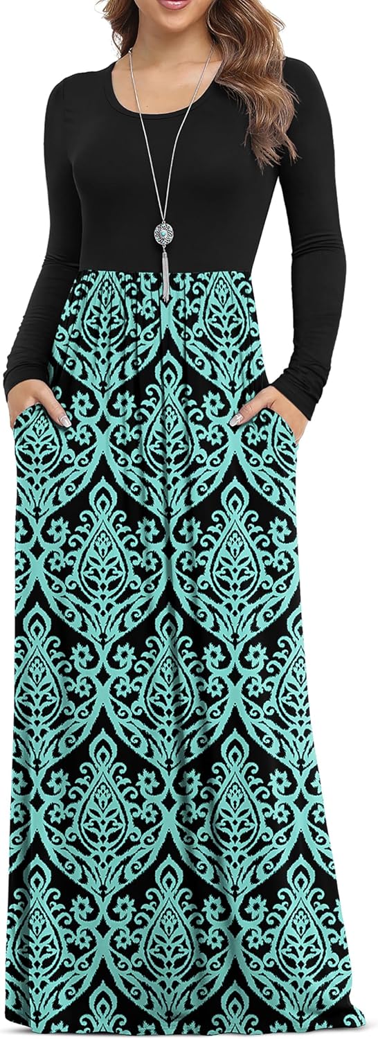 VIISHOW Women's Long Sleeve Casual Empire Waist Maxi Dress with Pockets | Soft stretch,Loose\u2011flowing dress,Full\u2011length cut,For church & daily occasions,Layer for cool Fall\u2011Winter,Casual to Formal