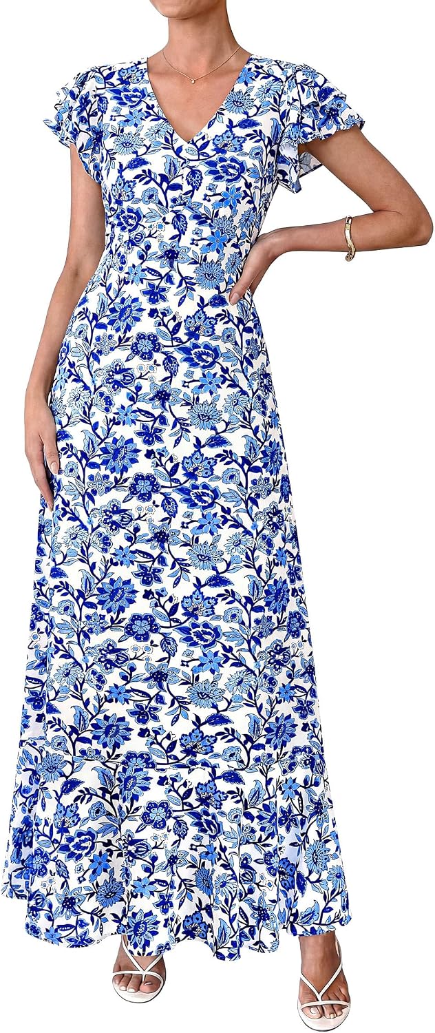 PRETTYGARDEN Womens Summer Boho Floral Maxi Dress | V Neck Ruffle Sleeve Tiered A-Line Sundress, Lightweight Flowy Long Dresses for Spring Wedding Guest, Cocktail Party, Cruise
