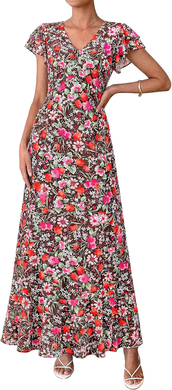 PRETTYGARDEN Womens Summer Boho Floral Maxi Dress | V Neck Ruffle Sleeve Tiered A-Line Sundress, Lightweight Flowy Long Dresses for Spring Wedding Guest, Cocktail Party, Cruise