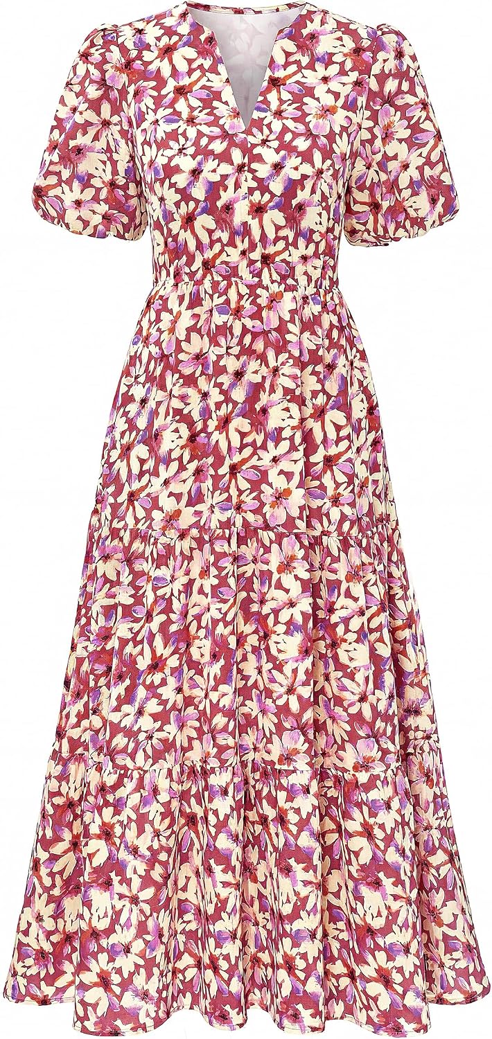 dowerme Women Summer Puff Short Sleeve Floral Boho Tiered Ruffle Maxi Dress | Casual V Neck Wedding Guest Dresses 2026,Fall Fashion A-Line Long Sundress with Pockets,Spring Flowy Beach Vacation Clothes