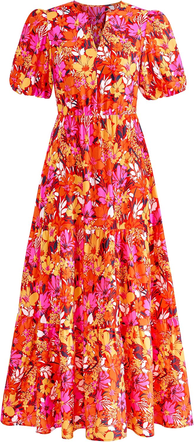 dowerme Women Summer Puff Short Sleeve Floral Boho Tiered Ruffle Maxi Dress | Casual V Neck Wedding Guest Dresses 2026,Fall Fashion A-Line Long Sundress with Pockets,Spring Flowy Beach Vacation Clothes