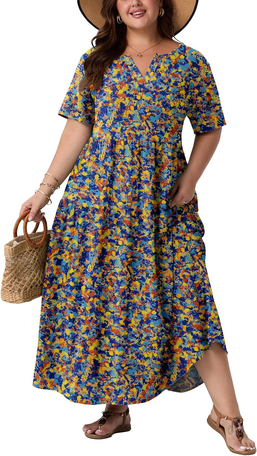 OLRIK Plus Size Maxi Dresses for Curvy Women - Flowy Boho Summer Dress with Pockets, V-Neck Short Sleeve for Beach Vacation