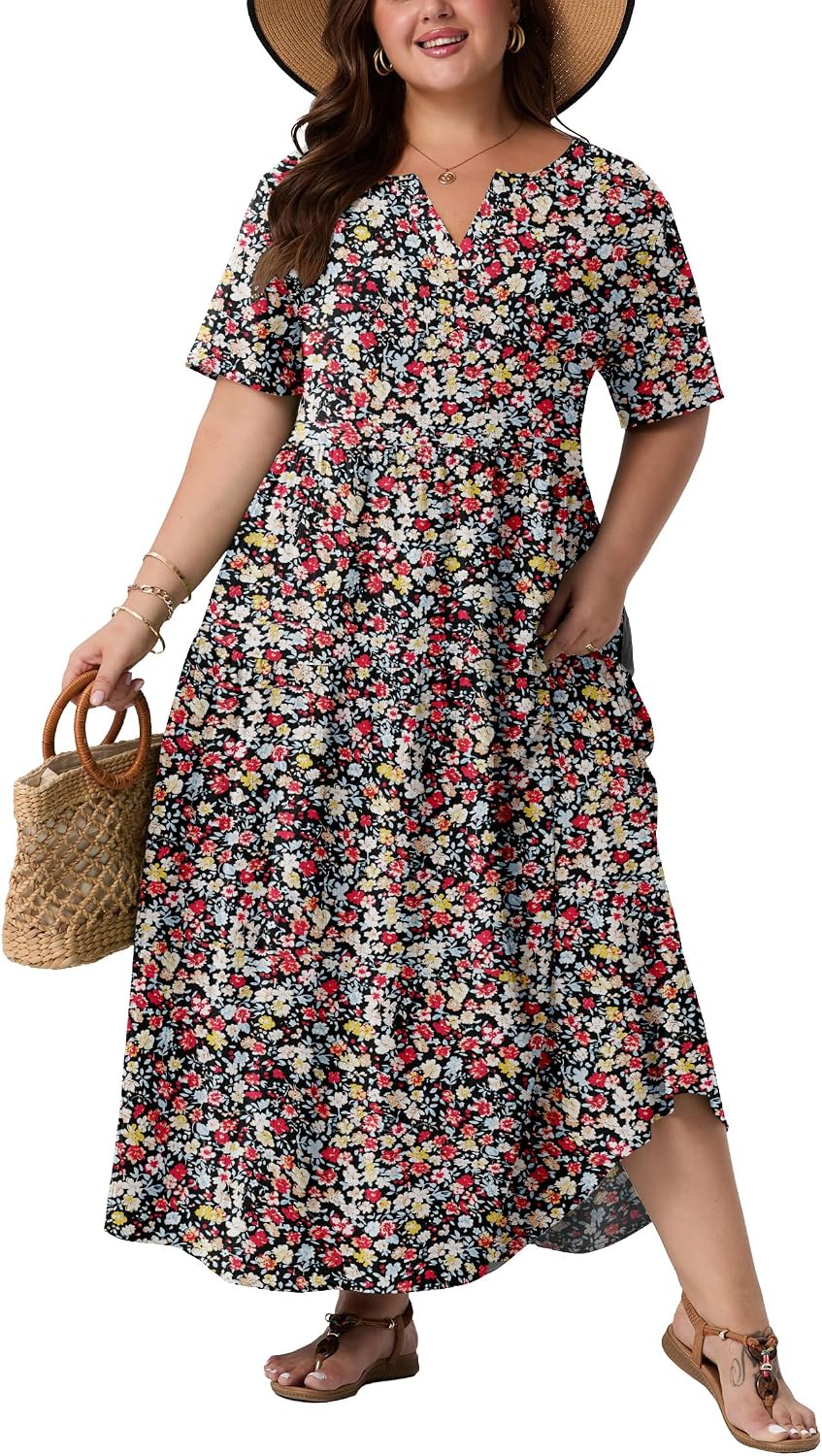 OLRIK Plus Size Maxi Dresses for Curvy Women - Flowy Boho Summer Dress with Pockets, V-Neck Short Sleeve for Beach Vacation