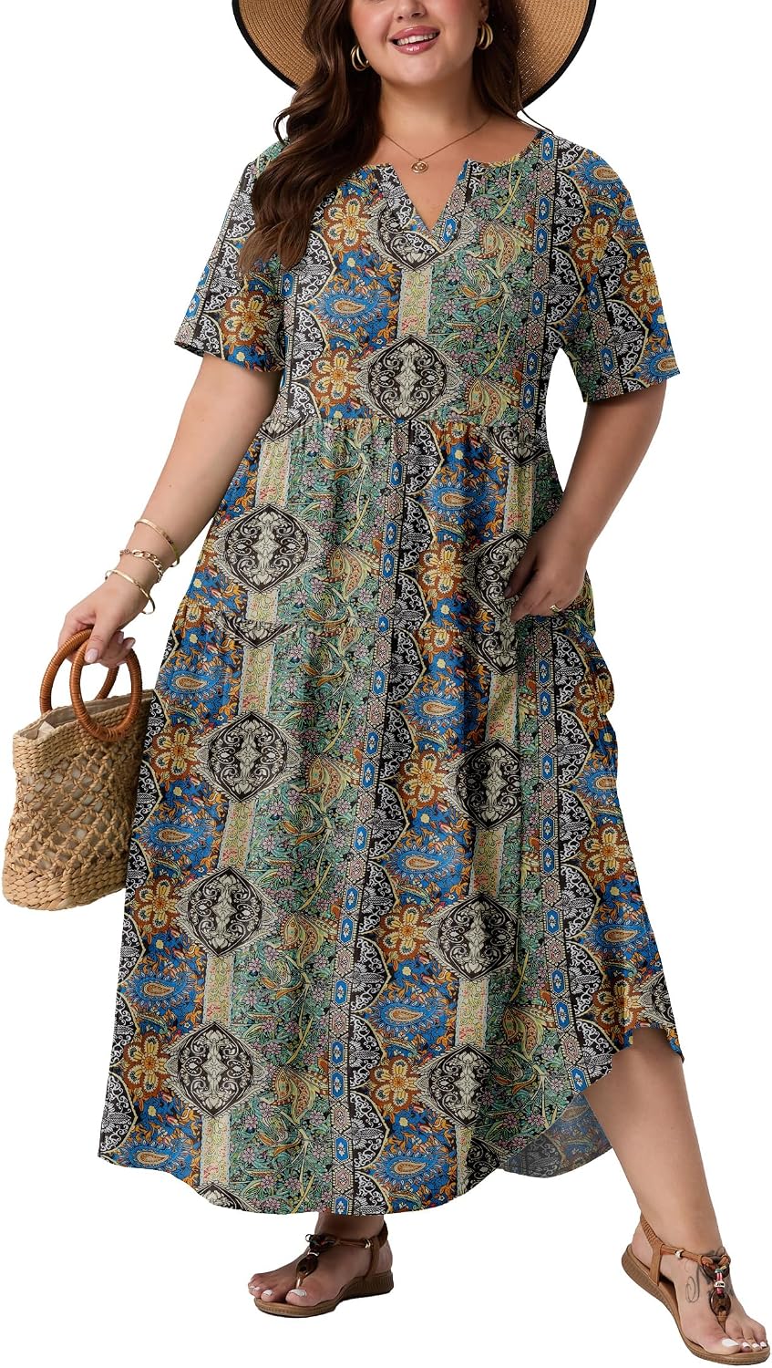 OLRIK Plus Size Maxi Dresses for Curvy Women - Flowy Boho Summer Dress with Pockets, V-Neck Short Sleeve for Beach Vacation