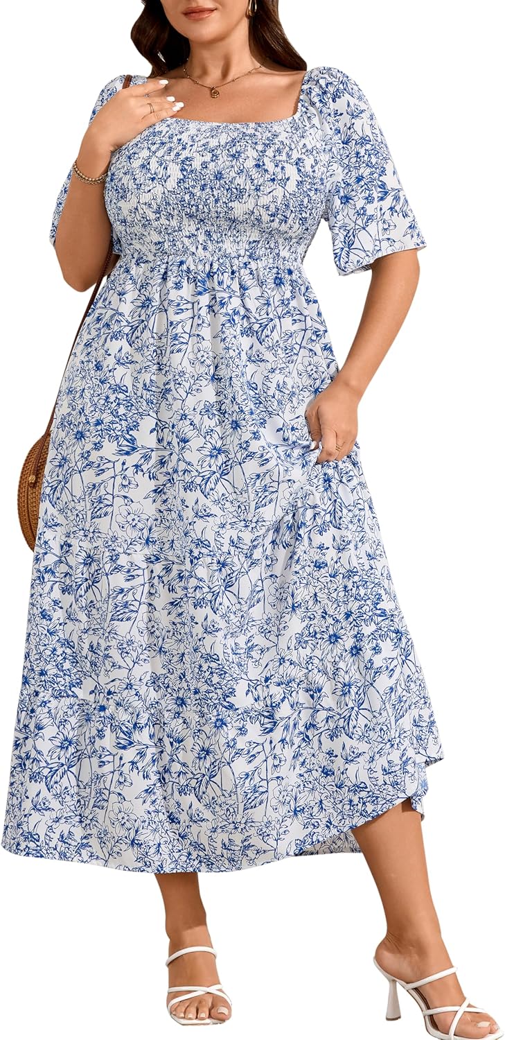 RWJ Women's Plus Size Summer Dresses Short Sleeve Smocked Boho Maxi Dress | Beach Dresses for Women 2026 Vacation, Bohemian Floral Square Neck Empire Waist, Wedding Guest Baby Shower Casual Sundress