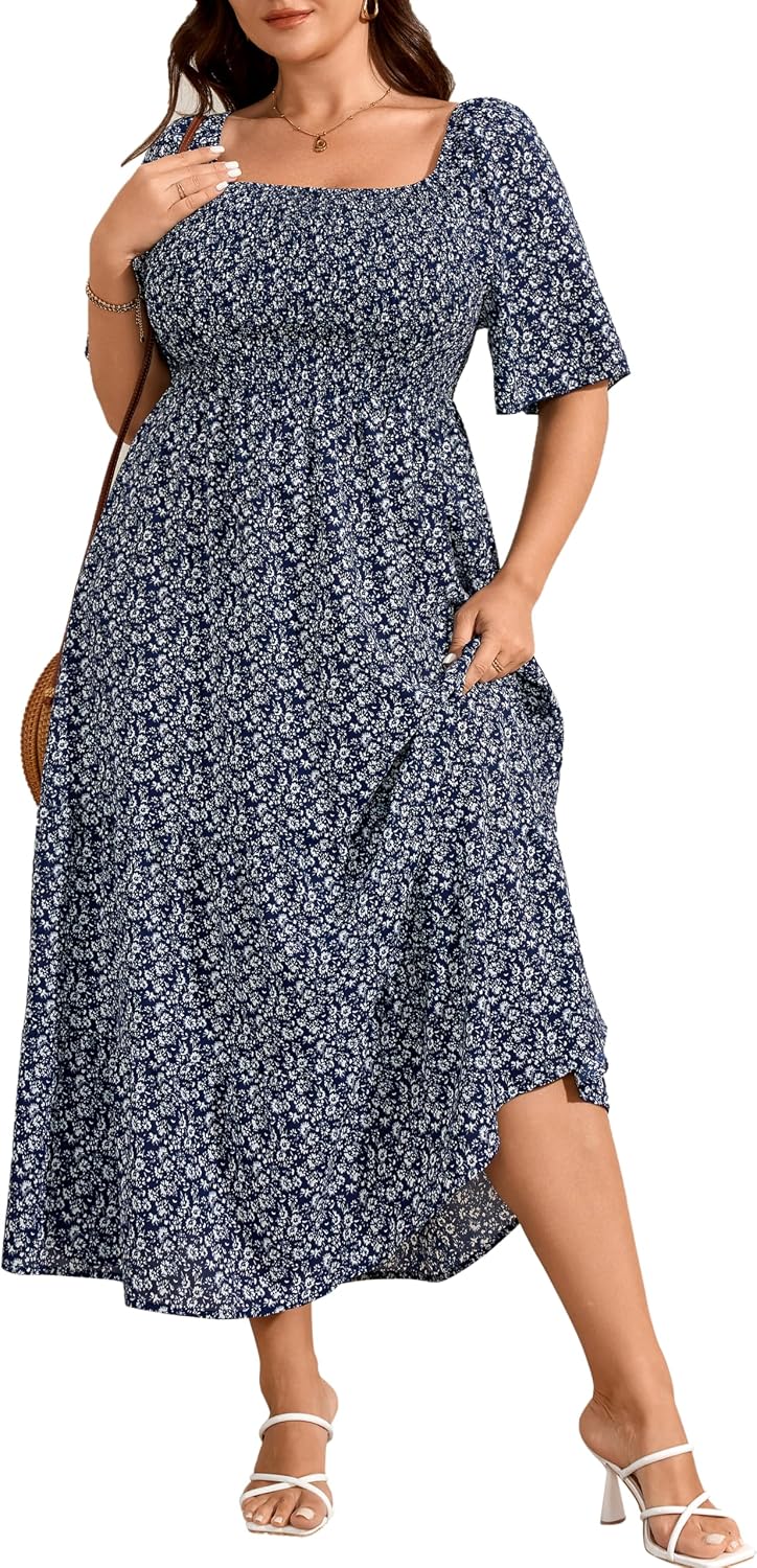 RWJ Women's Plus Size Summer Dresses Short Sleeve Smocked Boho Maxi Dress | Beach Dresses for Women 2026 Vacation, Bohemian Floral Square Neck Empire Waist, Wedding Guest Baby Shower Casual Sundress