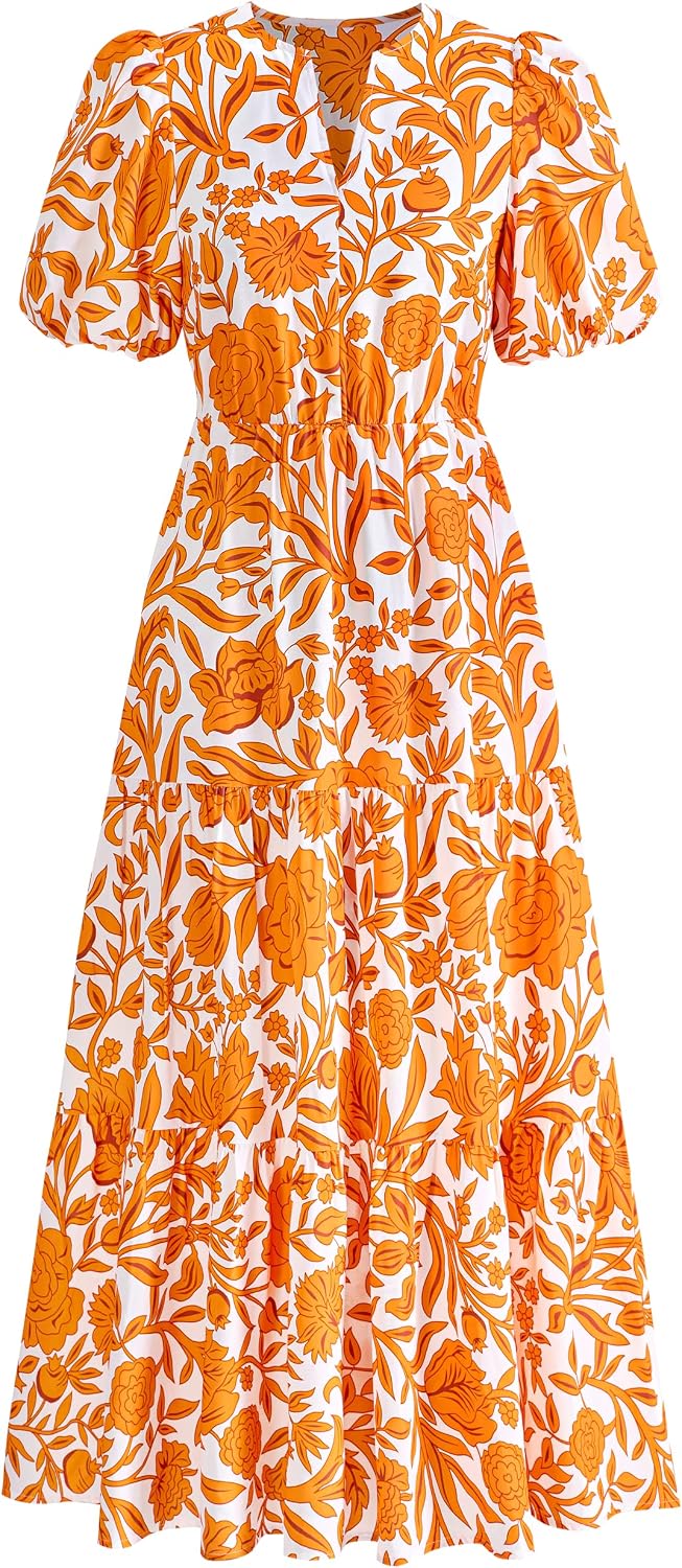 dowerme Women Summer Puff Short Sleeve Floral Boho Tiered Ruffle Maxi Dress | Casual V Neck Wedding Guest Dresses 2026,Fall Fashion A-Line Long Sundress with Pockets,Spring Flowy Beach Vacation Clothes