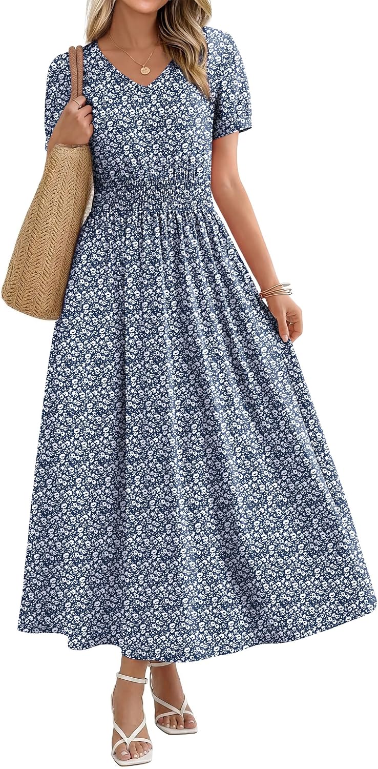 OFEEFAN Maxi Dresses for Women V Neck Ladies Midi Long Dress A Line Smocked Waisted Casual Summer Spring Clothes Boho Beach