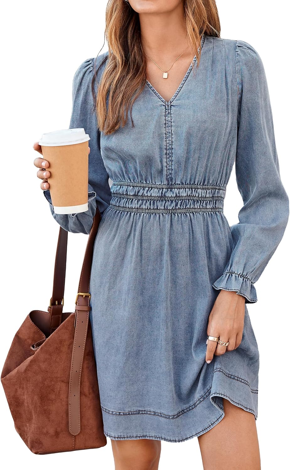 BerryGo Women's Fall Denim Dress Casual Long Sleeve V Neck Jean Dress | Long Sleeve Denim Dress, Chambray Dress, V Neck A Line Dress, Smocked Empire Waist, Mini Dress, Ruffle Cuffs, Pockets