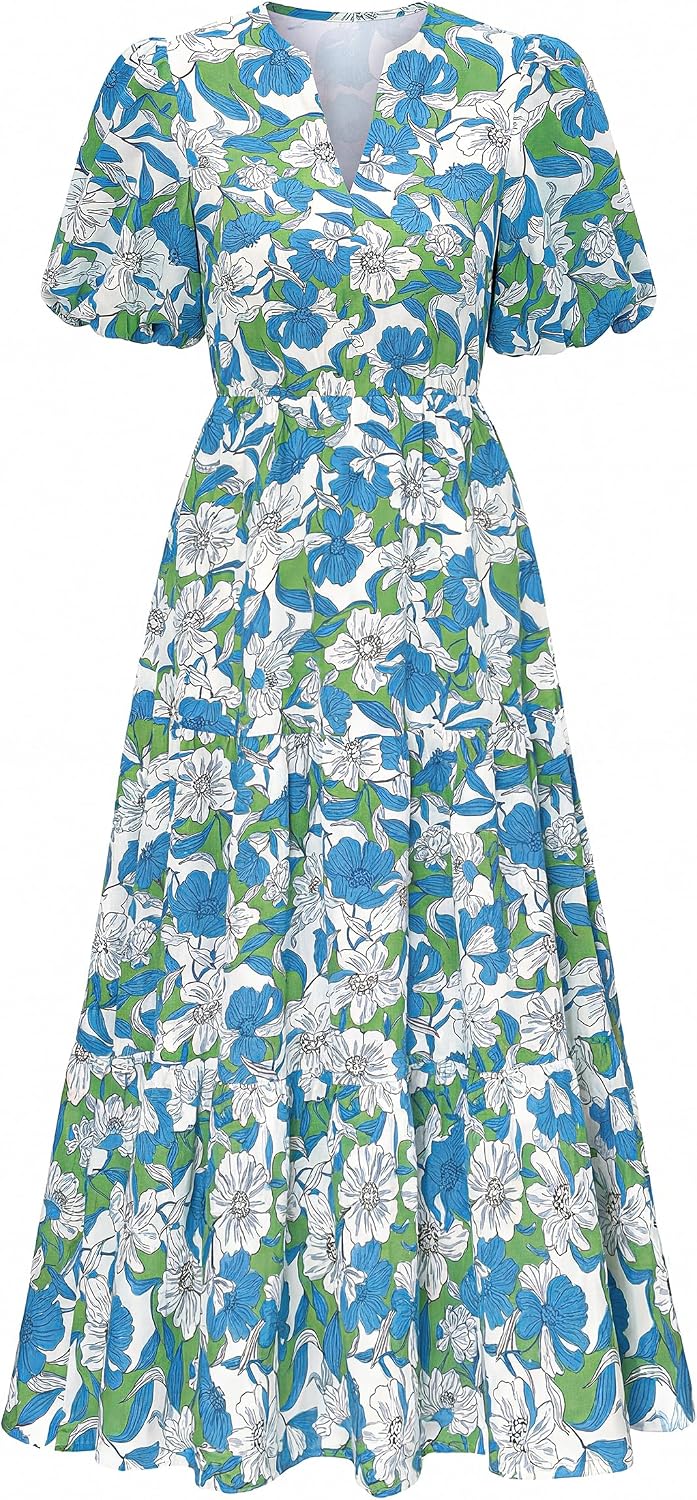 dowerme Women Summer Puff Short Sleeve Floral Boho Tiered Ruffle Maxi Dress | Casual V Neck Wedding Guest Dresses 2026,Fall Fashion A-Line Long Sundress with Pockets,Spring Flowy Beach Vacation Clothes